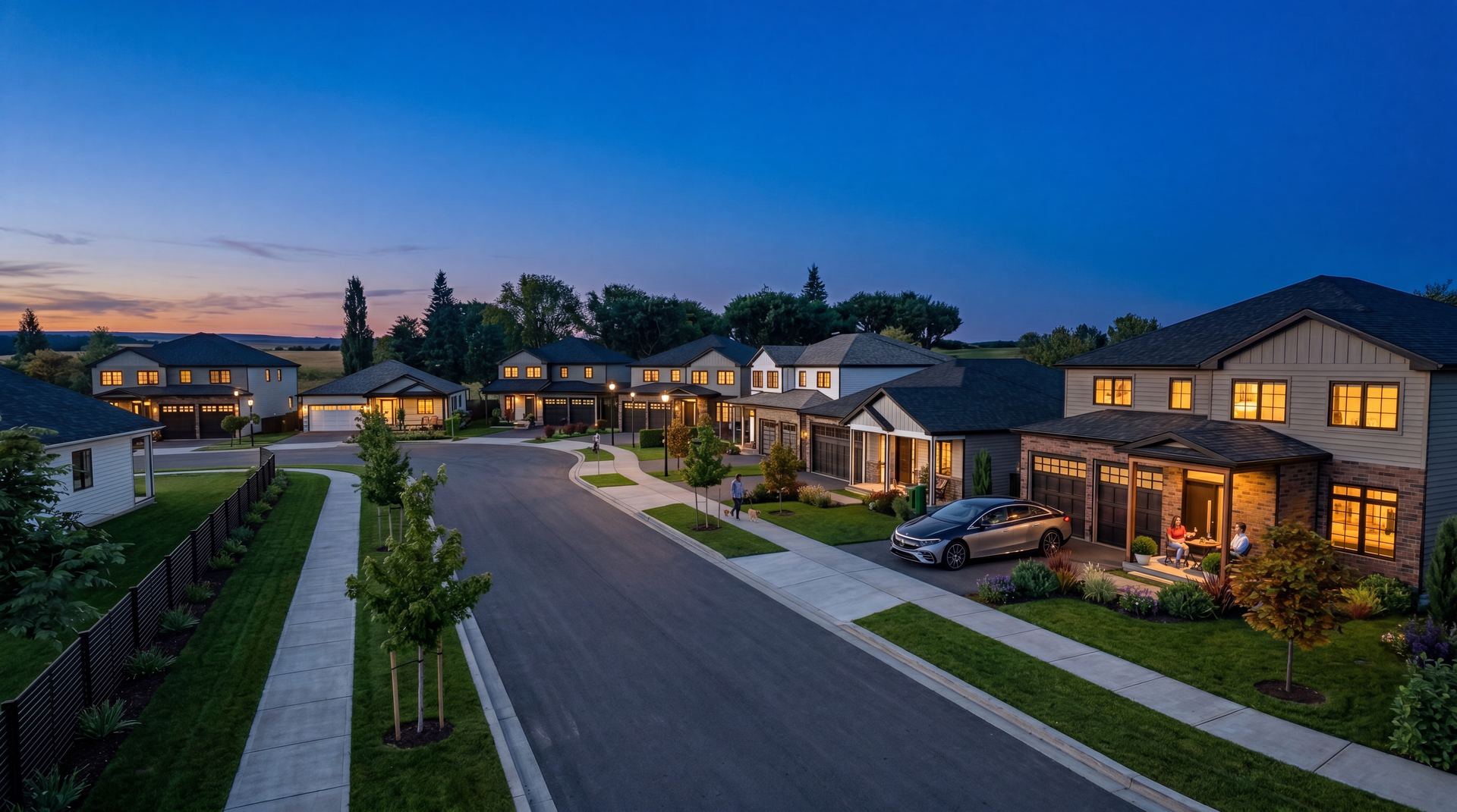 Aerial view of West Meadows neighbourhood at dusk